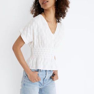 EUC!! Madewell V-Neck Smocked-Waist Top in Square Jacquard Eyelet White